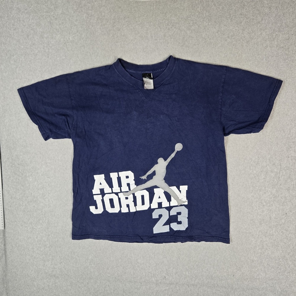 VINTAGE Jordan Men Shirt L Navy Blue Graphic Air Jordan Logo Short Sleeve